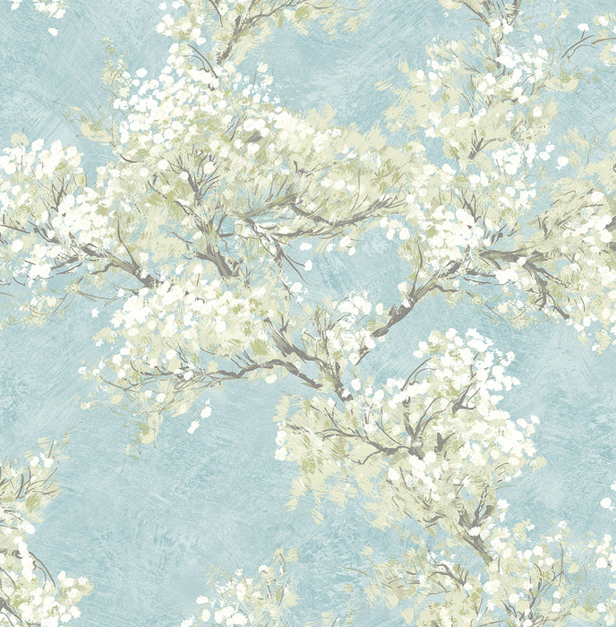 NextWall Cherry Blossom Grove Blue Mist & Green Tea Wallpaper NW50102