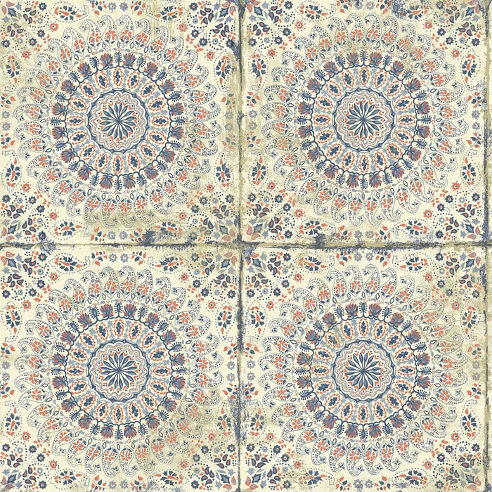 Seabrook Designs Mandala Boho Tile Coral, Cream, And Midnight Blue Wallpaper Sample RY30706