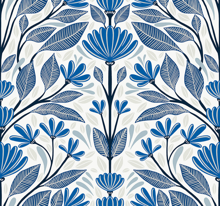 Seabrook Designs Carmela Folk Floral True Blue Wallpaper Sample SC20602