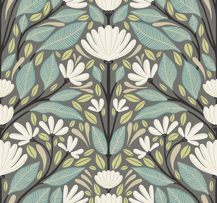 Seabrook Designs Carmela Folk Floral Spirit Grey Wallpaper Sample SC20608