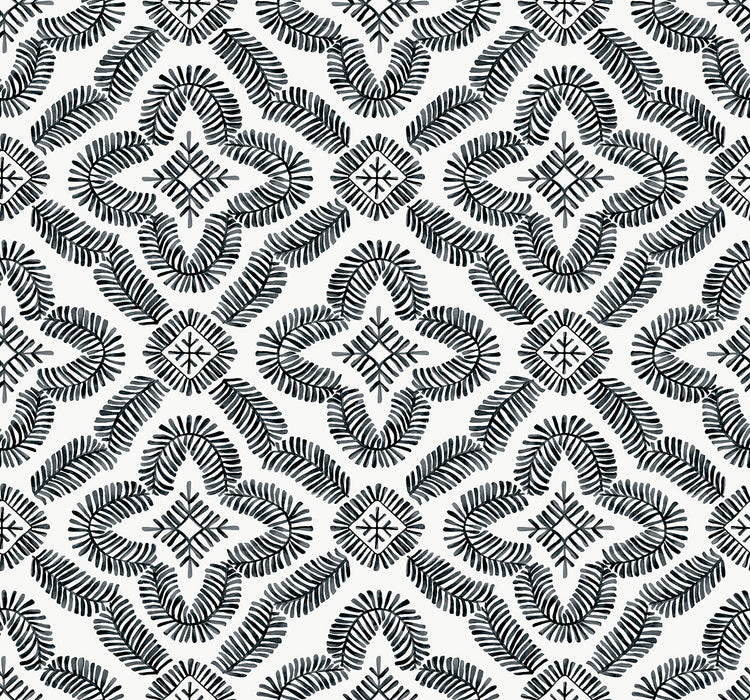 Seabrook Designs Talia Botanical Medallion Black And White Wallpaper Sample SC21300