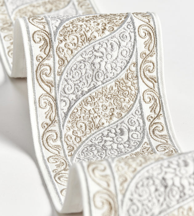 Scalamandre Paisley Embroidered Tape Silver Sand Trim SCT33400001
