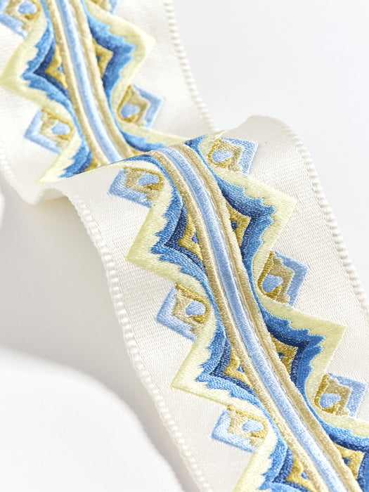 Scalamandre Flamme Embroidered Tape Blue And Yellow Trim Sample SCT33350002