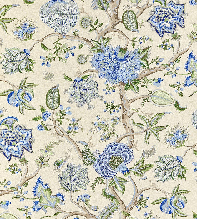 Scalamandre Pondicherry Cotton Print Blue, Green On Cream Fabric SC164300003