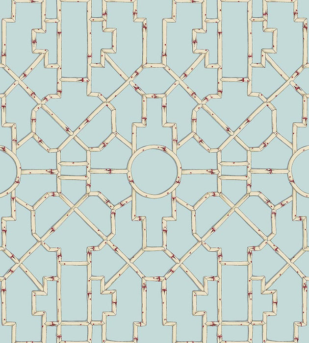Scalamandre Baldwin Bamboo Cream & Red On Aqua Wallpaper Sample SCWP816300004