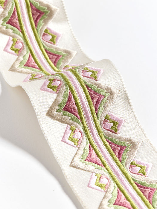 Scalamandre Flamme Embroidered Tape Pink And Green Trim Sample SCT33350005