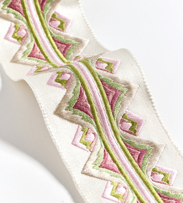 Scalamandre Flamme Embroidered Tape Pink And Green Trimming Sample SCT33350005