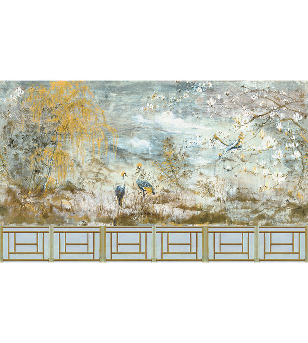 Nicolette Mayer Crested Crane Mural - Set Wheat Blue Wallcovering Sample WNMCRESSET1