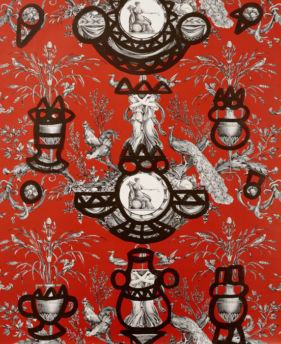 Pierre Frey Fontaine Et Animaux Barbouillage Rouge D'Orient Wallpaper FP568004