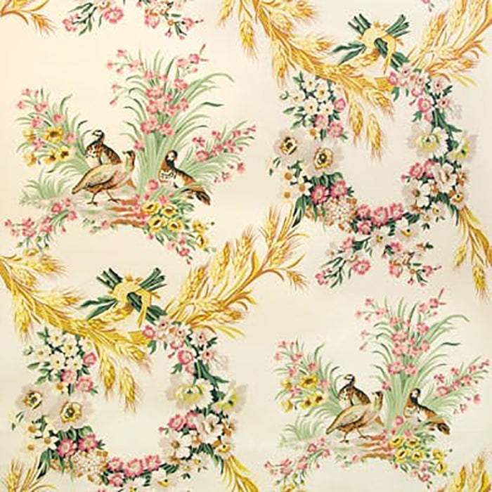 Brunschwig & Fils Les Perdrix Glazed Chintz Red Blue-Green Cream Fabric BR-70353.0.0