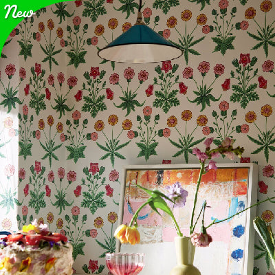 Green and red Floral designs on white background designer wallpaper
