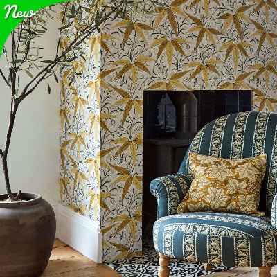 Yellow Decorative floral wallpaper with vintage looking chair