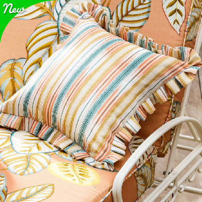 Blue, Red, Yellow Striped Indoor and Outdoor fabric on cushion