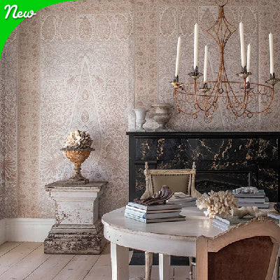 Elegant Tan colored wallpaper in vintage looking room