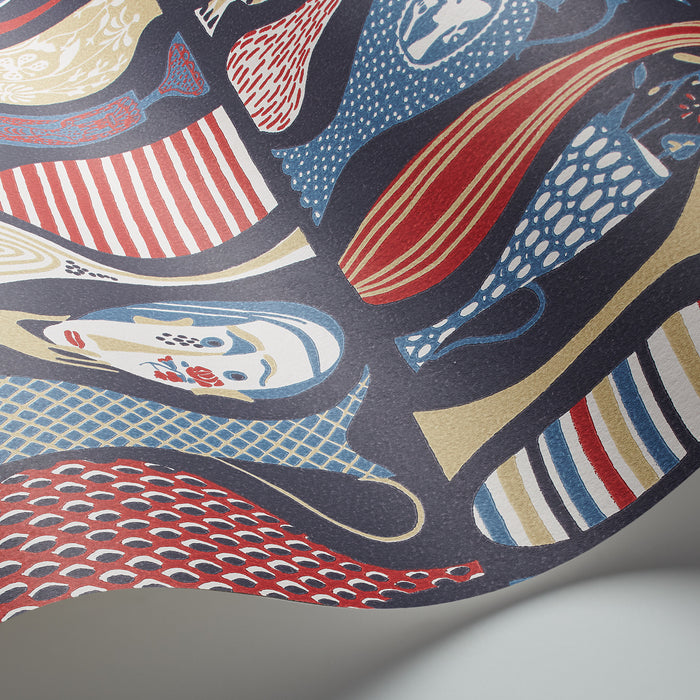 Schumacher Pottery Navy And Red Wallpaper Sample 1760