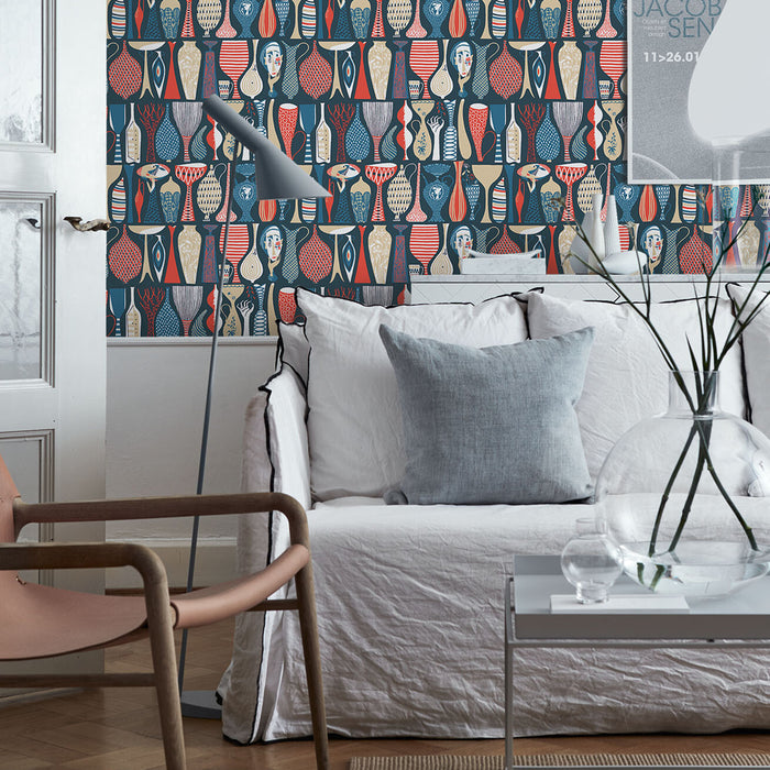 Schumacher Pottery Navy And Red Wallpaper Sample 1760