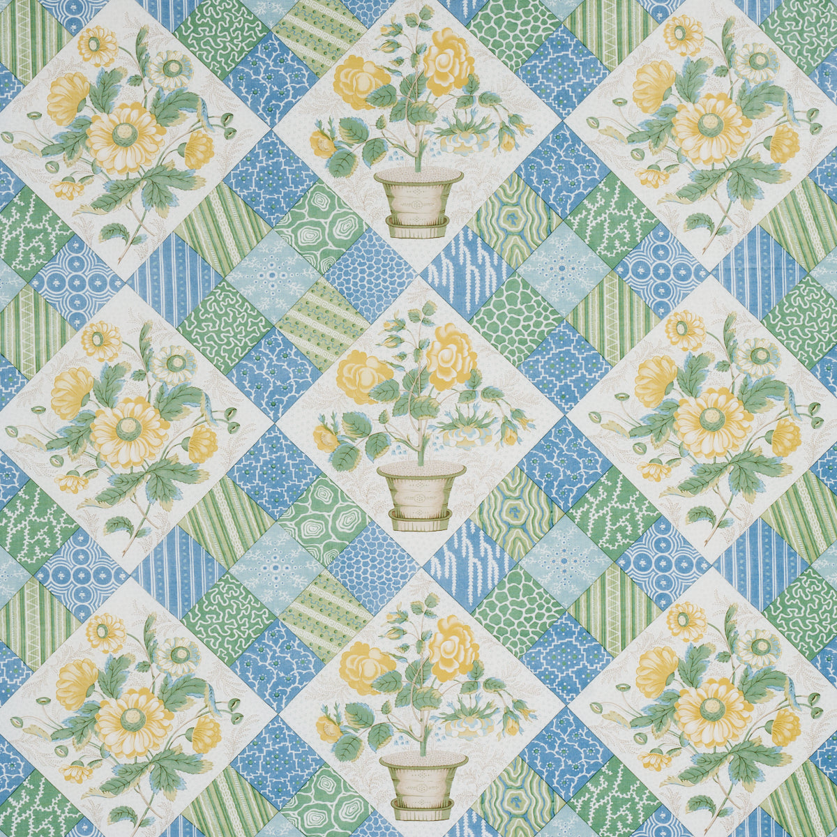 Schumacher Caldwell Patchwork Chintz Yellow And Cornflower Fabric Sample 180120