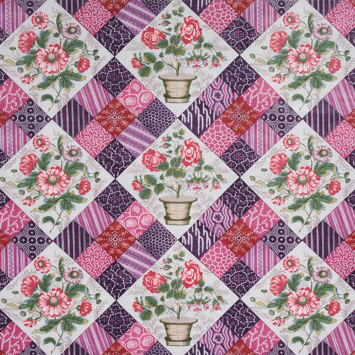 Schumacher Caldwell Patchwork Chintz Fuchsia And Plum Fabric 180121