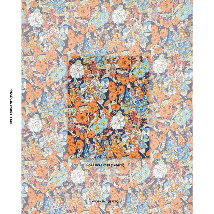 Schumacher Fairie Garden Orange And Navy Fabric Sample 180141
