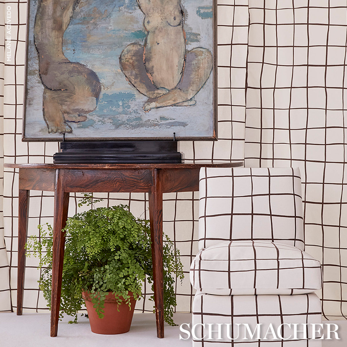 Schumacher Painterly Windowpane Brown Fabric Sample 180291