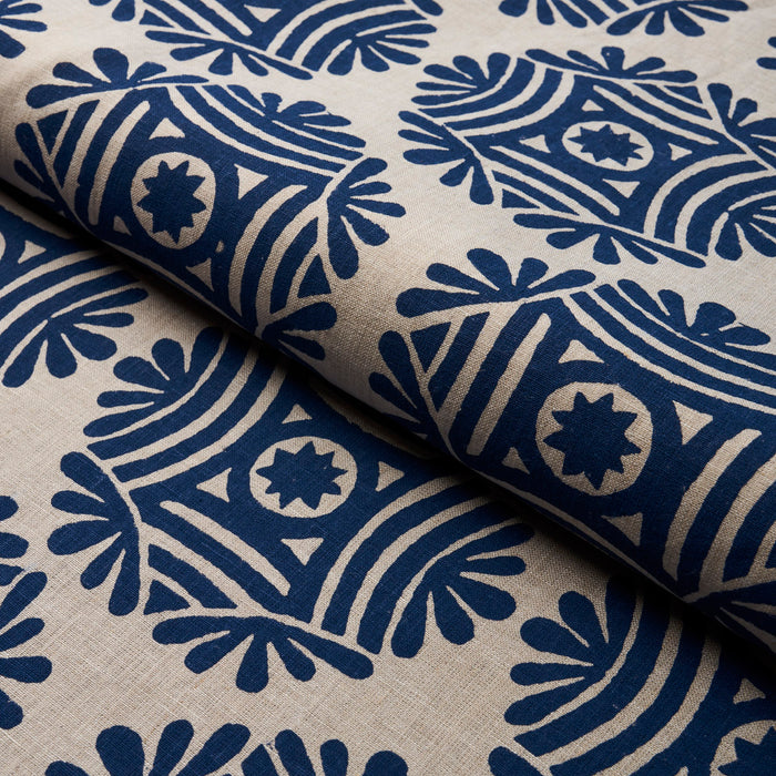 Schumacher Gilded Star Block Print Navy On Natural Fabric 181541