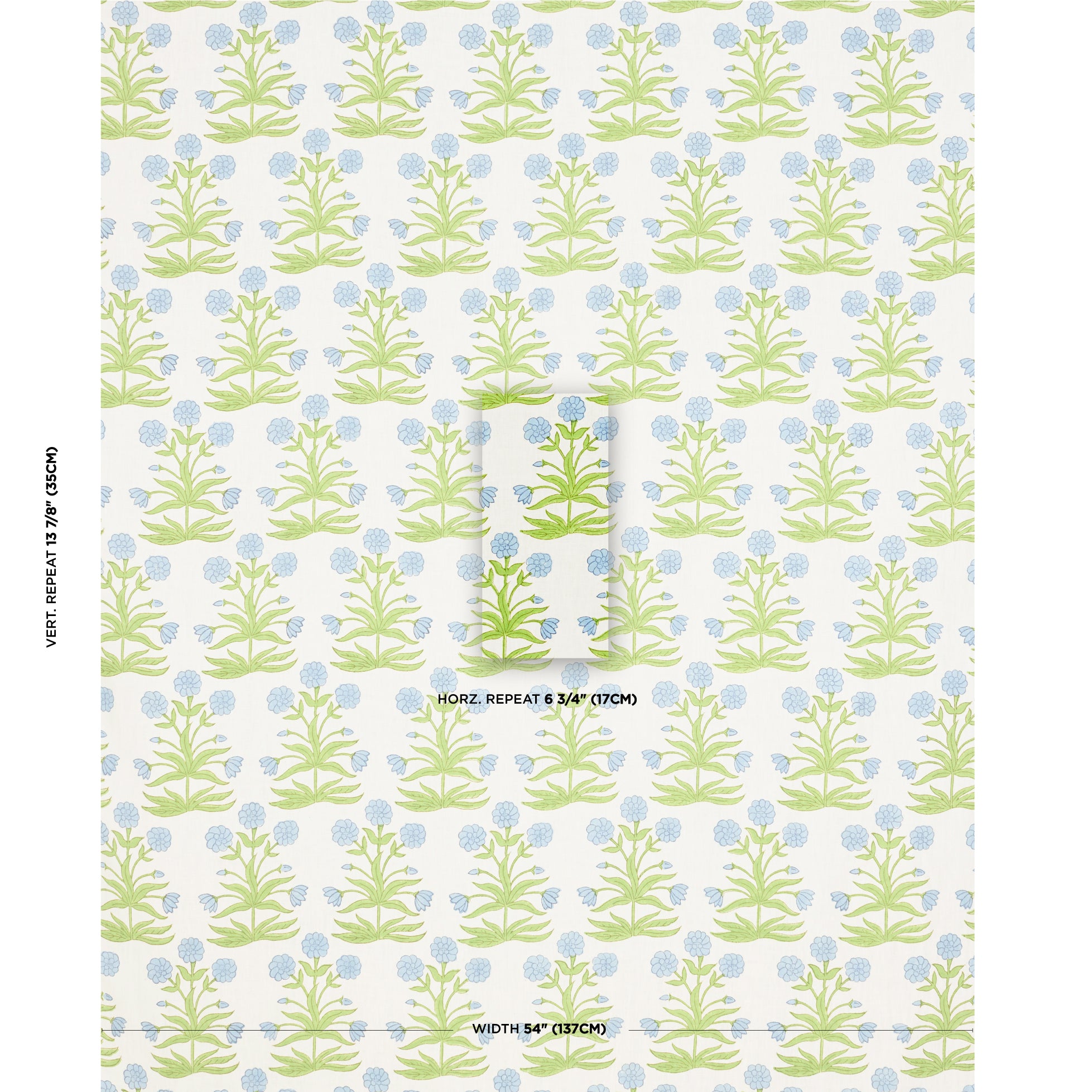 Schumacher Mughal Hand Block Print Sky Pistachio Fabric Sample 181782