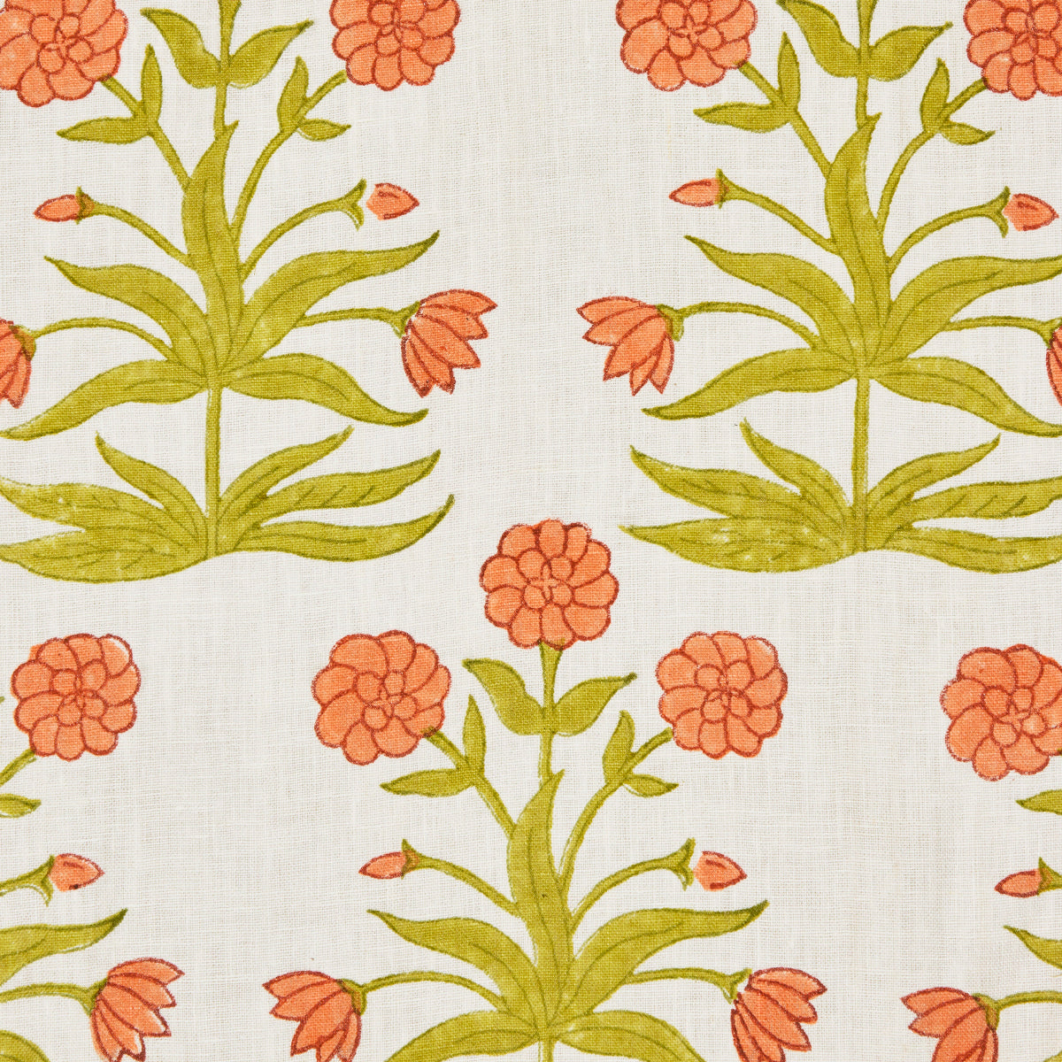 Schumacher Mughal Hand Block Print Peach Sap Green Fabric 181783