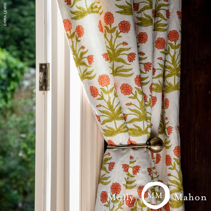 Schumacher Mughal Hand Block Print Peach Sap Green Fabric Sample 181783
