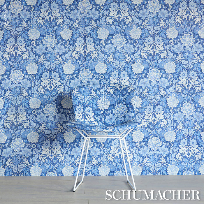 Schumacher Dahlia Garden Blue And White Fabric Sample 182972