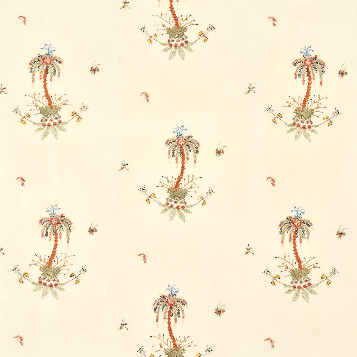 Schumacher Royal Poinciana Hand Embroidery Multi On Creme Fabric Sample 22140