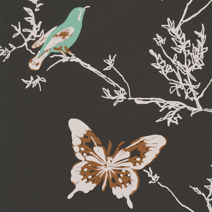 Schumacher Birds & Butterflies Graphite Wallpaper Sample 2704422