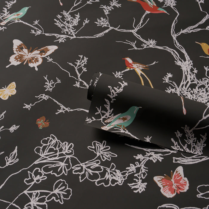Schumacher Birds & Butterflies Graphite Wallpaper Sample 2704422