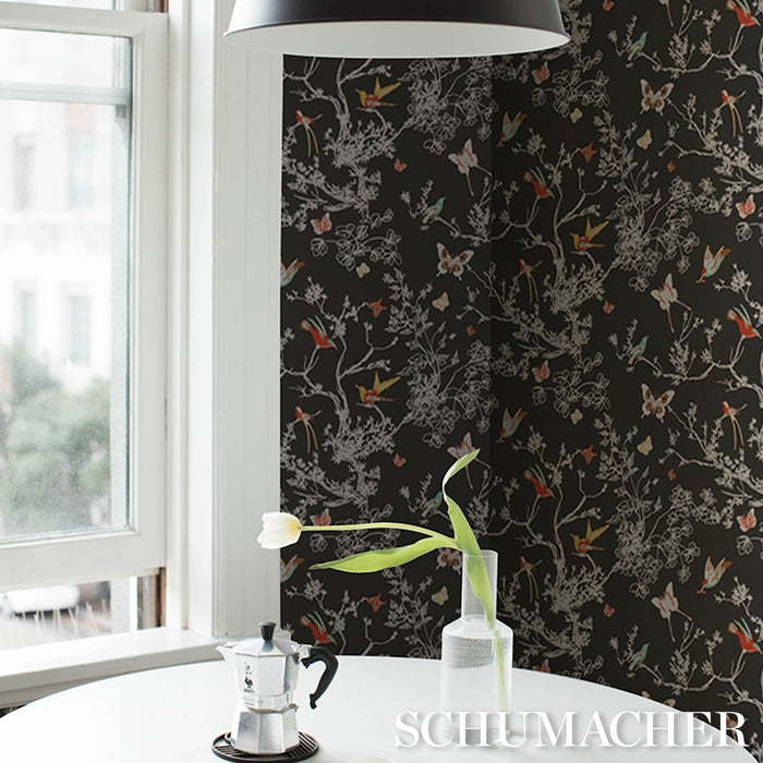 Schumacher Birds & Butterflies Graphite Wallpaper Sample 2704422