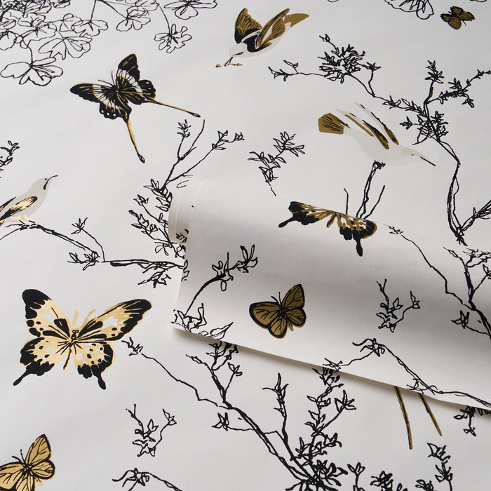 Schumacher Birds & Butterflies Neutral Wallpaper Sample 2704424