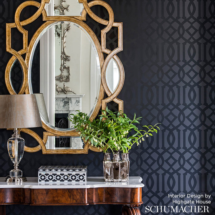 Schumacher Imperial Trellis Onyx Gloss Wallpaper Sample 2707215