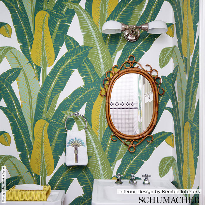 Schumacher Tropical Isle Green On White Wallpaper Sample 2707230