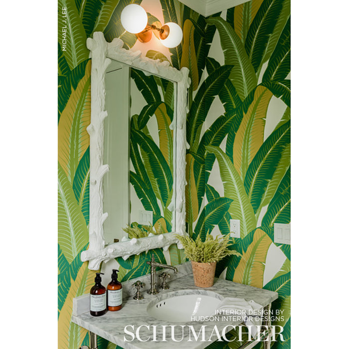 Schumacher Tropical Isle Green On White Wallpaper Sample 2707230