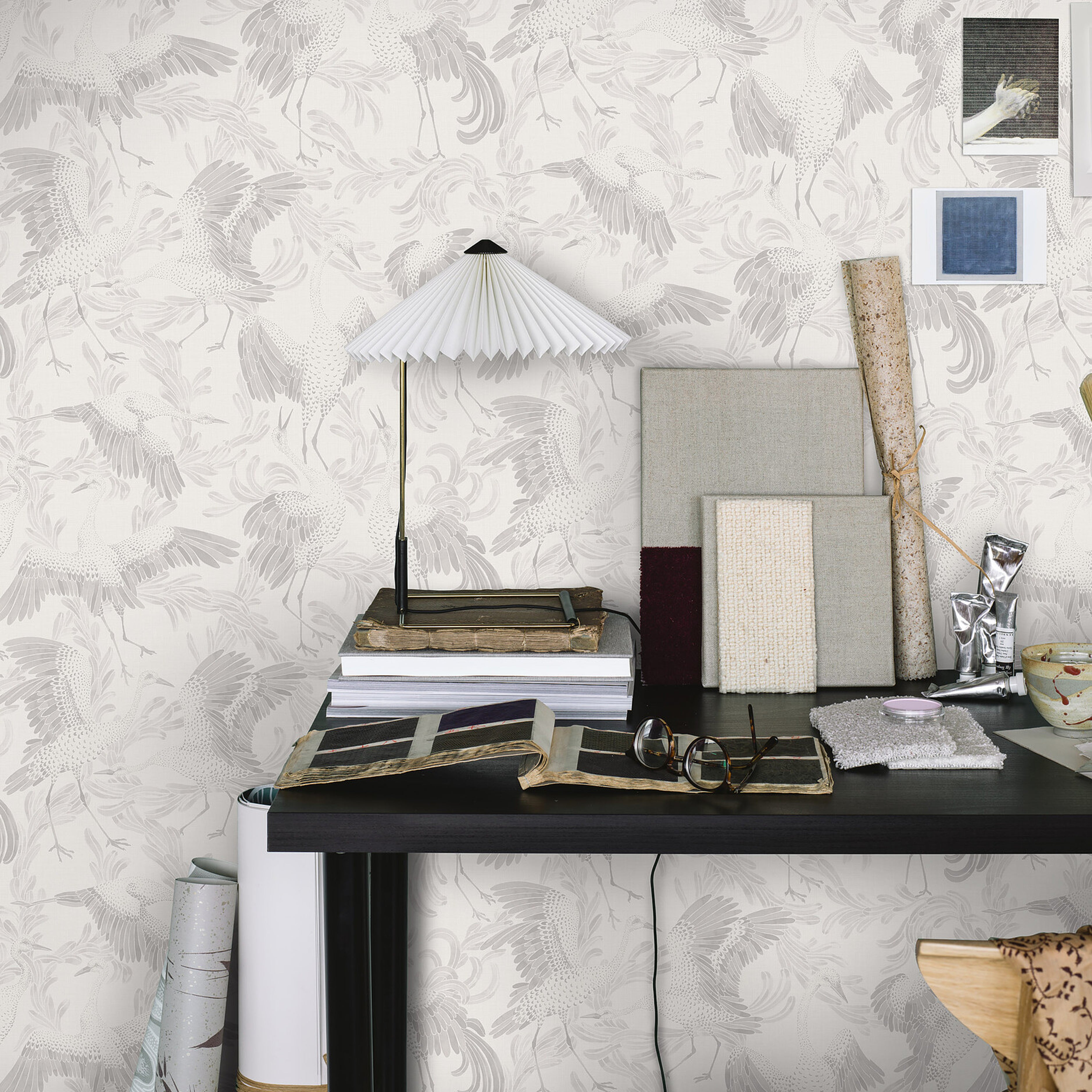 Schumacher Dancing Crane Grey Wallpaper Sample 3130