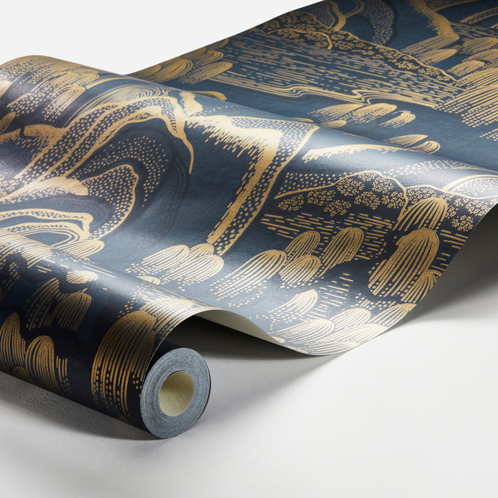 Schumacher Indigo Garden Indigo And Gold Wallpaper Sample 3132