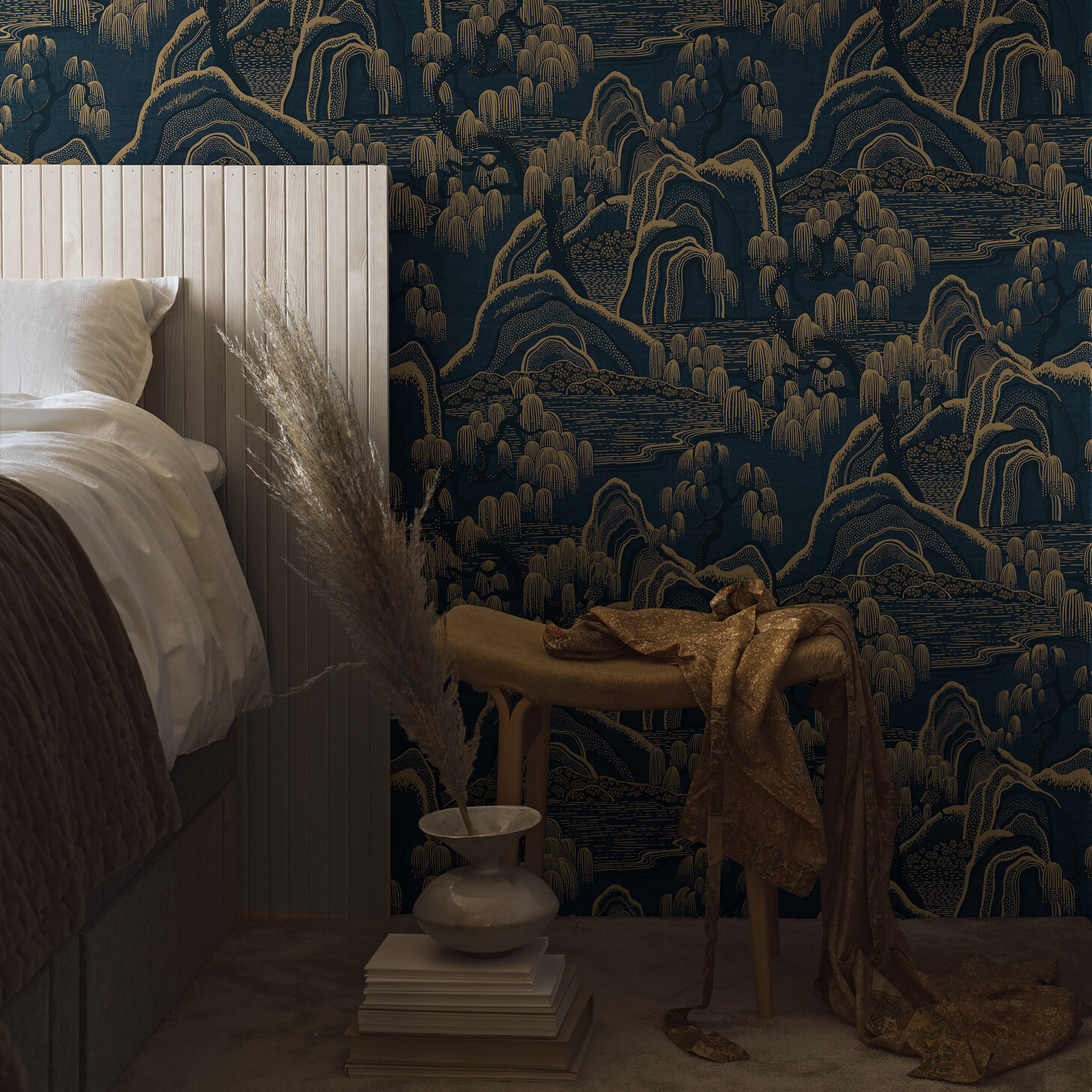 Schumacher Indigo Garden Indigo And Gold Wallpaper Sample 3132