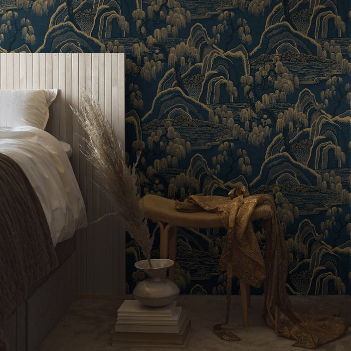 Schumacher Indigo Garden Indigo And Gold Wallpaper Sample 3132