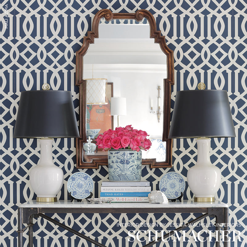 Schumacher Imperial Trellis II Ivory / Navy Wallpaper Sample 5005801