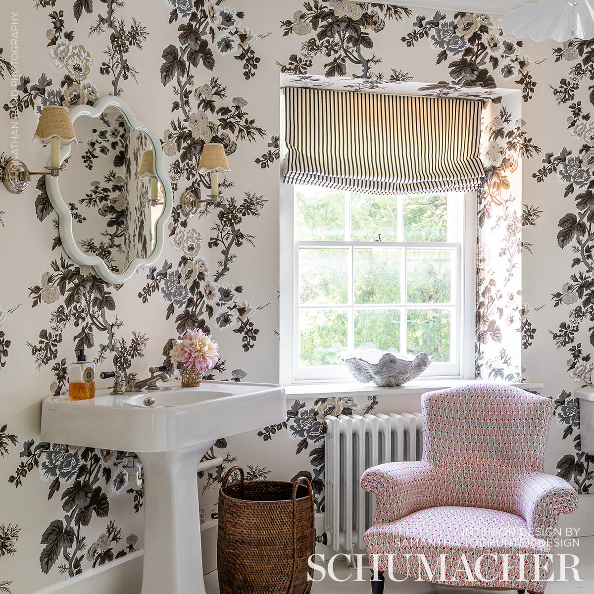 Schumacher Pyne Hollyhock Charcoal Wallpaper Sample 5006920