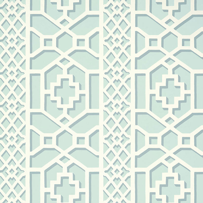 Schumacher Zanzibar Trellis Winter Mint Wallpaper Sample 5006942