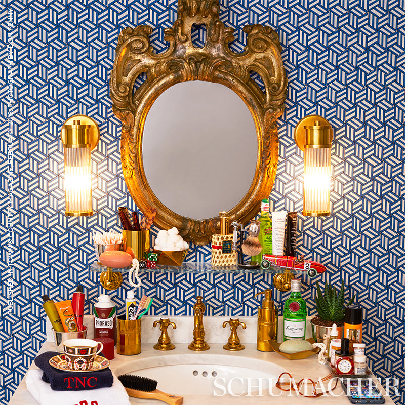 Schumacher Tumbling Blocks Cobalt Wallpaper Sample 5007962