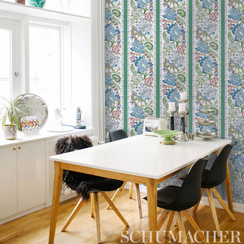Schumacher Anjou Stripe Emerald Wallpaper Sample 5010170