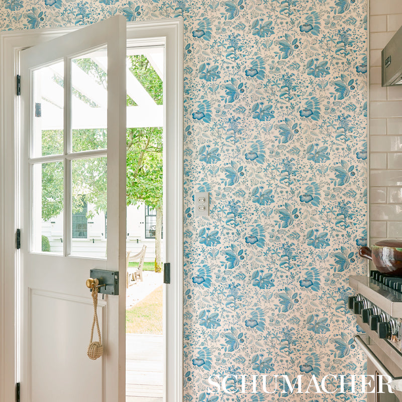 Schumacher Pomegranate Botanical Blue Wallpaper Sample 5010443