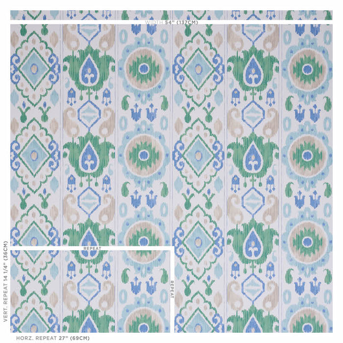 Schumacher Elizia Ikat Green & Blue Wallpaper Sample 5010710