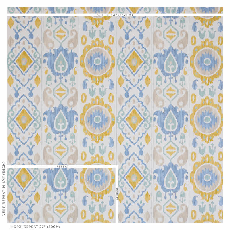 Schumacher Elizia Ikat Sky & Ochre Wallpaper Sample 5010711
