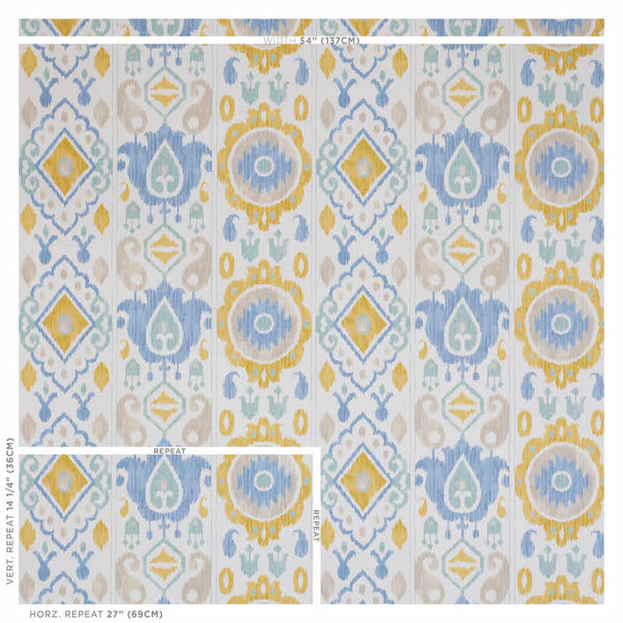 Schumacher Elizia Ikat Sky & Ochre Wallpaper Sample 5010711